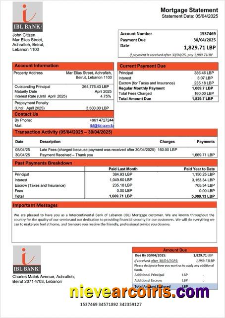 Lebanon Intercontinental Bank of Lebanon (IBL) mortgage statement Word and PDF template